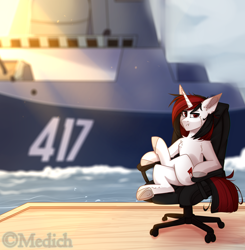 Size: 2892x2946 | Tagged: safe, artist:mediasmile666, oc, oc only, pony, unicorn, chair, eyebrows, eyebrows visible through hair, female, frown, high res, horn, looking at you, mare, ocean, outdoors, ship, sitting, solo, unicorn oc