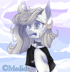 Size: 2127x2198 | Tagged: safe, artist:mediasmile666, oc, oc only, pony, bell, bell collar, cloud, collar, crying, female, high res, mare, open mouth, raised hoof, sky, solo, teary eyes