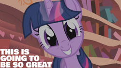 Size: 1280x720 | Tagged: safe, edit, edited screencap, editor:quoterific, screencap, twilight sparkle, pony, unicorn, g4, look before you sleep, season 1, cute, female, golden oaks library, looking at you, magic, mare, smiling, smiling at you, solo, telekinesis, twiabetes, unicorn twilight