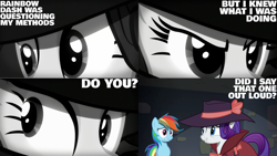 Size: 1280x720 | Tagged: safe, edit, edited screencap, editor:quoterific, screencap, rainbow dash, rarity, pegasus, pony, unicorn, g4, rarity investigates, season 5, black and white, close-up, female, grayscale, mare, monochrome