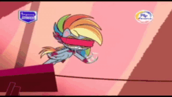 Size: 640x360 | Tagged: safe, edit, screencap, rainbow dash, pony, g4.5, little miss fortune, my little pony: pony life, spoiler:pony life s02e20, animated, bipedal, blindfold, circus, danger dash, emanata, epic fail, exclamation point, fail, goggles, interrobang, juggling, losing balance, question mark, rainbow crash, solo, sound, spotlight, tightrope, wasted, webm