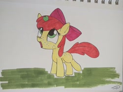 Size: 1040x776 | Tagged: safe, artist:taurson, apple bloom, earth pony, pony, g4, adorabloom, apple, cute, female, filly, food, solo, traditional art, wrong eye color