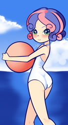 Size: 850x1550 | Tagged: safe, artist:drantyno, sweetie belle, human, g4, ass, beach ball, butt, clothes, cloud, cute, diasweetes, female, humanized, looking at you, ocean, one-piece swimsuit, open-back swimsuit, solo, sweetie butt, swimsuit