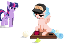 Size: 2020x1276 | Tagged: safe, artist:some_ponu, cozy glow, twilight sparkle, alicorn, pegasus, pony, g4, blocks, cap, duo, female, filly, foal, hat, mare, pixel art, please be patient i have autism, simple background, twilight sparkle (alicorn), white background