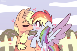 Size: 2995x2005 | Tagged: dead source, safe, artist:cherritoppu, applejack, rainbow dash, earth pony, pegasus, pony, g4, blushing, bushy brows, cloud, duo, eyes closed, female, heart, high res, kiss on the lips, kissing, lesbian, mare, outdoors, ship:appledash, shipping, spread wings, wingboner, wings