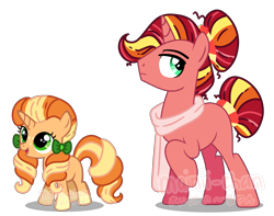 Size: 3231x2548 | Tagged: dead source, safe, artist:cherritoppu, oc, oc only, pony, unicorn, base used, bow, clothes, duo, eyelashes, female, filly, hair bow, high res, horn, magical gay spawn, magical lesbian spawn, male, offspring, open mouth, parent:big macintosh, parent:sunburst, parent:sunset shimmer, parent:tempest shadow, parents:macburst, parents:tempestshimmer, raised hoof, scarf, simple background, smiling, stallion, transparent background, unicorn oc