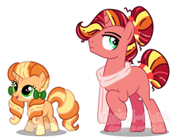 Size: 3231x2548 | Tagged: source needed, safe, artist:cherritoppu, oc, oc only, pony, unicorn, base used, bow, clothes, duo, eyelashes, female, filly, hair bow, high res, horn, magical gay spawn, magical lesbian spawn, male, offspring, open mouth, parent:big macintosh, parent:sunburst, parent:sunset shimmer, parent:tempest shadow, parents:macburst, parents:tempestshimmer, raised hoof, scarf, simple background, smiling, stallion, transparent background, unicorn oc