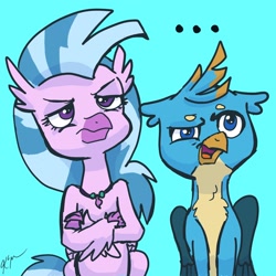 Size: 2048x2048 | Tagged: safe, artist:catscratchpaper, gallus, silverstream, griffon, hippogriff, g4, blue background, confused, crossed arms, duo, female, frown, gallus is not amused, high res, male, open mouth, silverstream is not amused, simple background, unamused