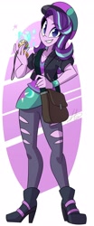 Size: 1705x4096 | Tagged: safe, artist:light262, starlight glimmer, equestria girls, g4, beanie, clothes, female, grin, handbag, hat, high res, locket, looking at you, pants, purse, ripped pants, smiling, smiling at you, solo, torn clothes