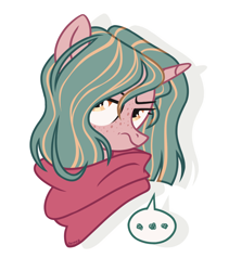 Size: 1054x1249 | Tagged: safe, artist:petruse4ka, oc, oc only, pony, unicorn, ..., bust, clothes, freckles, frown, horn, scarf, simple background, solo, unicorn oc, white background