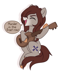 Size: 1127x1356 | Tagged: safe, artist:petruse4ka, oc, oc only, earth pony, pony, earth pony oc, guitar, musical instrument, open mouth, simple background, singing, smiling, solo, unshorn fetlocks, white background