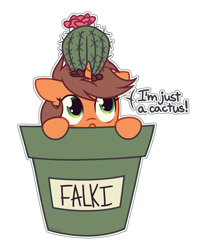 Size: 1208x1489 | Tagged: safe, artist:petruse4ka, oc, oc only, pony, unicorn, bust, cactus, hiding, horn, pot, simple background, solo, talking, unicorn oc, white background