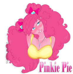 Size: 2703x2730 | Tagged: dead source, safe, artist:daniefox, pinkie pie, human, g4, alternate hairstyle, breasts, busty pinkie pie, cleavage, female, freckles, high res, humanized, pony coloring, simple background, solo, text, transparent background, white outline