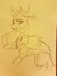 Size: 3024x4032 | Tagged: safe, artist:agdapl, pharynx, changedling, changeling, pony, g4, antlers, eyelashes, eyeliner, lineart, makeup, male, monochrome, prince pharynx, raised hoof, scar, solo, traditional art