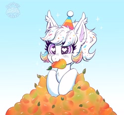 Size: 4096x3800 | Tagged: safe, artist:confetticakez, oc, oc only, oc:confetti cupcake, bat pony, pony, atg 2021, blushing, cute, food, hat, heart eyes, herbivore, mango, newbie artist training grounds, party hat, smiling, solo, weapons-grade cute, wingding eyes