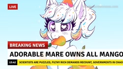 Size: 1280x720 | Tagged: safe, artist:confetticakez, artist:lahtdah2, edit, oc, oc only, oc:confetti cupcake, bat pony, pony, blushing, break your own news, food, hat, heart eyes, herbivore, mango, news, party hat, smiling, solo, wingding eyes