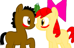 Size: 767x497 | Tagged: safe, apple bloom, oc, oc:ladainian otis, g4, 1000 hours in ms paint, base used, blank flank, blushing, boop, bow, canon x oc, colt, eye contact, female, filly, ladainianbloom, looking at each other, love, male, mistletoe, noseboop, shipping, straight
