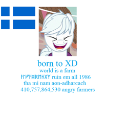 Size: 868x814 | Tagged: safe, editor:horsesplease, double diamond, pony, shetland pony, g4, born to die, flag, futhark, gaelic, laughing, meme, norse, scotland, scottish, shetland, simple background, solo, text, white background, xd