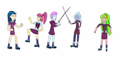 Size: 1280x640 | Tagged: safe, artist:horsesplease, indigo zap, lemon zest, sour sweet, sugarcoat, sunny flare, equestria girls, g4, fight, shadowbolts, sparring, sword, weapon