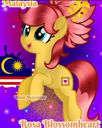 Size: 720x903 | Tagged: safe, artist:viani_pegasister, oc, oc:rosa blossomheart, earth pony, pony, female, malaysia, mare, name, nation ponies, open mouth, paint, ponified, smiling, stars, watermark