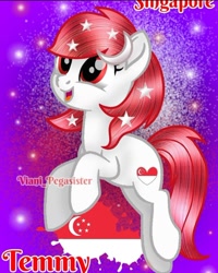 Size: 720x901 | Tagged: safe, artist:viani_pegasister, oc, oc:temmy, earth pony, pony, earth pony oc, female, mare, moon, name, nation ponies, open mouth, paint, ponified, singapore, smiling, stars, watermark