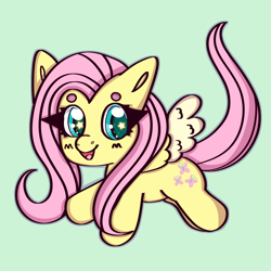 Size: 1000x1000 | Tagged: safe, artist:rabidmomento, fluttershy, pegasus, pony, g4, beanbrows, chibi, eyebrows, flying, full body, full color, shading, solo, starry eyes, wingding eyes