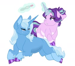 Size: 1956x1719 | Tagged: safe, artist:buttercupisqueen, starlight glimmer, trixie, pony, unicorn, g4, cloven hooves, crying, female, implied magical lesbian spawn, lesbian, magic, pregnancy test, pregnant, ship:startrix, shipping, simple background, telekinesis, unshorn fetlocks, white background