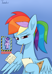 Size: 2480x3507 | Tagged: safe, artist:twidasher, rainbow dash, twilight sparkle, alicorn, pegasus, pony, g4, emergency glass, emergency pony, feather, female, glass, high res, in case of emergency, lesbian, mouth hold, paper, pencil, pencil in mouth, plushie, ponytail, ship:twidash, shipping, signature, solo, twilight sparkle (alicorn), twilight sparkle plushie, wing hands, wings