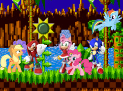 Size: 1254x930 | Tagged: safe, applejack, pinkie pie, rainbow dash, g4, amy rose, crossover, female, grass, ibispaint x, knuckles the echidna, male, mare, platformer, sonic the hedgehog, sonic the hedgehog (series), tree, water