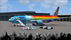 Size: 1199x674 | Tagged: safe, artist:electrahybrida, applejack, fluttershy, pinkie pie, rainbow dash, rarity, sci-twi, spike, spike the regular dog, sunset shimmer, twilight sparkle, dog, equestria girls, g4, airport, audience, boeing 777, car, ge90, paparazzi, plane, police, police car, rainbow, stair truck, stairs, studebaker, tarmac, the rainbooms, the rainbooms tour bus, the rainbooms tour plane