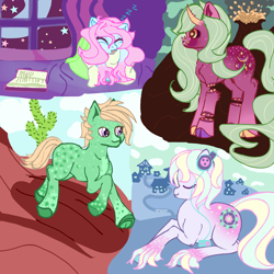Size: 3000x3000 | Tagged: safe, artist:umbrapone, oc, oc:bass-beat, demon, demon pony, earth pony, pony, blanket, book, cactus, cloven hooves, collage, curtains, desert, detailed background, glowing eyes, headphones, high res, hill, hug, meadow, moon, onomatopoeia, pillow, pillow hug, sleeping, smoke, sound effects, stars, town, volcano, window, zzz