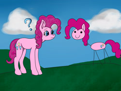 Size: 2158x1619 | Tagged: safe, artist:t-bon3thepony, pinkie pie, earth pony, pony, g4, duality, duo, female, question mark, self ponidox, stick pony