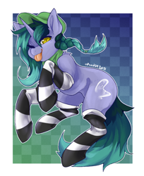 Size: 1806x2208 | Tagged: safe, artist:opiodae, oc, oc only, pony, unicorn, abstract background, clothes, female, hat, one eye closed, socks, solo, striped socks, tongue out, wink