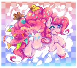 Size: 2000x1774 | Tagged: safe, artist:opiodae, pinkie pie, earth pony, pony, g4, :p, abstract background, female, hooves, looking at you, older, rubber duck, solo, teddy bear, tongue out, unshorn fetlocks