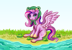 Size: 4175x2935 | Tagged: safe, artist:bartholomaei, oc, oc only, frog, pegasus, pony, commission, female, grass, hat, pond, scenery, solo, water, ych result
