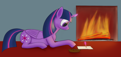 Size: 1916x911 | Tagged: safe, artist:nepaxor, twilight sparkle, alicorn, pony, g4, female, fire, fireplace, glowing horn, horn, magic, solo, telekinesis, twilight sparkle (alicorn), writing