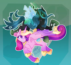 Size: 1280x1160 | Tagged: safe, artist:6hawtowo9, princess cadance, queen chrysalis, alicorn, changeling, changeling queen, pony, g4, crying, duo, fangs, female, teary eyes, transparent wings, wings