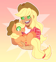 Size: 1280x1413 | Tagged: safe, artist:6hawtowo9, applejack, earth pony, human, pony, g4, abstract background, duo, female, freckles, holding a pony, humanized, open mouth, self paradox, self ponidox