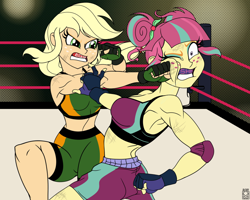 Size: 2362x1890 | Tagged: safe, artist:dncsamsonart, applejack, sour sweet, equestria girls, g4, angry, boxing, boxing ring, boxing shorts, brush, clothes, fight, fingerless gloves, gloves, mma, mma gloves, mouth guard, punch, sports