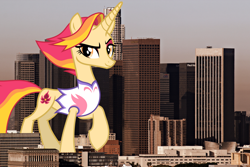Size: 4200x2800 | Tagged: safe, artist:cheezedoodle96, artist:thegiantponyfan, edit, fire flare, pony, unicorn, g4, california, clothes, female, giant pony, giant unicorn, giantess, high res, highrise ponies, irl, leotard, los angeles, macro, mare, mega giant, photo, ponies in real life, story included