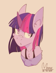 Size: 947x1233 | Tagged: safe, artist:mooons, twilight sparkle, unicorn, anthro, g4, bust, female, simple background, solo