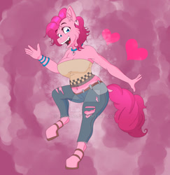 Size: 1024x1053 | Tagged: safe, artist:mooons, pinkie pie, earth pony, anthro, unguligrade anthro, g4, belly button, clothes, female, heart, jeans, midriff, open mouth, pants, plump, ripped jeans, ripped pants, simple background, solo, torn clothes, tube top, watermark