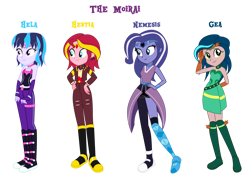 Size: 1600x1111 | Tagged: safe, artist:lhenao, oc, oc only, oc:gea, oc:hela, oc:hestia (lhenao), oc:nemesis, equestria girls, g4, arm behind back, clone, female, hand on hip, simple background, smiling, transparent background