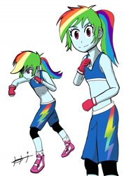 Size: 1200x1697 | Tagged: safe, artist:helsaabi, rainbow dash, equestria girls, g4, clothes, female, fingerless gloves, gloves, martial arts, midriff, mixed martial arts, mma, mma gloves, shorts, simple background, solo, sports, white background