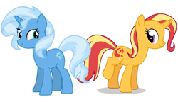 Size: 1280x736 | Tagged: safe, artist:axxie13, artist:koraluch, artist:starcollider, sunset shimmer, trixie, pony, unicorn, g4, duo, duo female, female, hairstyle swap, mare, palette swap, recolor, simple background, transparent background, vector