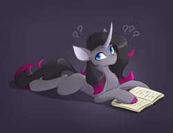 Size: 1075x826 | Tagged: dead source, safe, artist:d.w.h.cn, oleander (tfh), pony, unicorn, them's fightin' herds, book, chest fluff, community related, gray background, looking at you, lying down, prone, question mark, simple background, solo