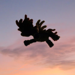 Size: 1857x1857 | Tagged: safe, alternate version, artist:malte279, part of a set, spitfire, pegasus, pony, g4, chenille, chenille stems, chenille wire, clothes, craft, flying, photo, pipe cleaner sculpture, pipe cleaners, sculpture, sky, solo, sunset, uniform, wonderbolts uniform