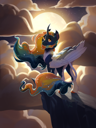 Size: 1800x2400 | Tagged: safe, artist:joan-grace, oc, oc only, oc:astral, alicorn, pony, beard, cliff, colored wings, facial hair, male, moon, solo, stallion, wings