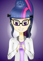 Size: 2050x2900 | Tagged: safe, artist:film77asq, sci-twi, twilight sparkle, human, g4, clothes, evil grin, female, grin, high res, humanized, lab coat, mad scientist, smiling, solo