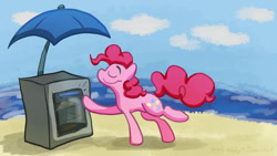 Size: 1280x720 | Tagged: safe, artist:kirbyliscious, pinkie pie, earth pony, pony, g4, atg 2021, baking, beach, female, newbie artist training grounds, ocean, oven, solo, sun